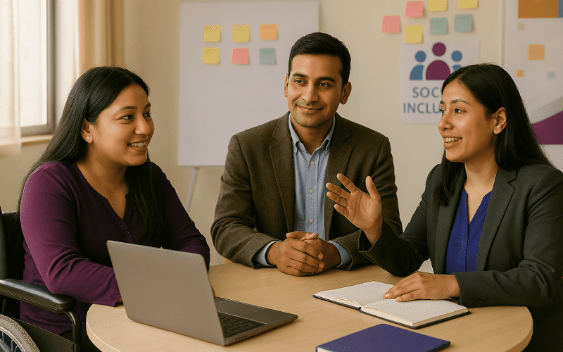 Three people sit at a round table in an office, engaged in discussion, with a laptop, notebooks, and sticky notes visible in the background.