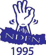 A blue outlined hand making an “OK” gesture above the text “NDIN” and the year “1995.”.